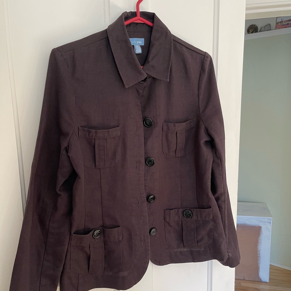 Chocolate Brown Linen Cotton Blend Utility Jacket
